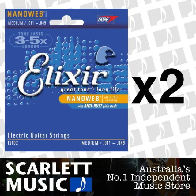 2x Elixir 12102 Electric Guitar Strings Nanoweb Medium 11-49 E-NW-M * TWO SETS *