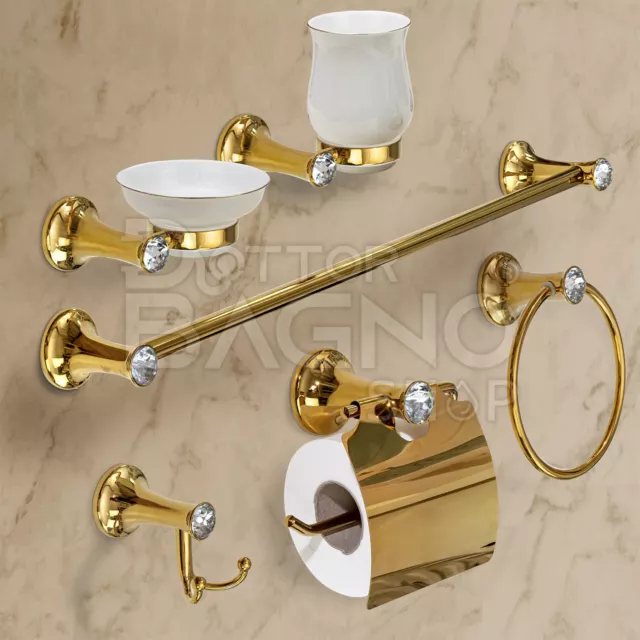 Set Accessori bagno oro Kit completo 6 pezzi inserti in cristallo swarovsky