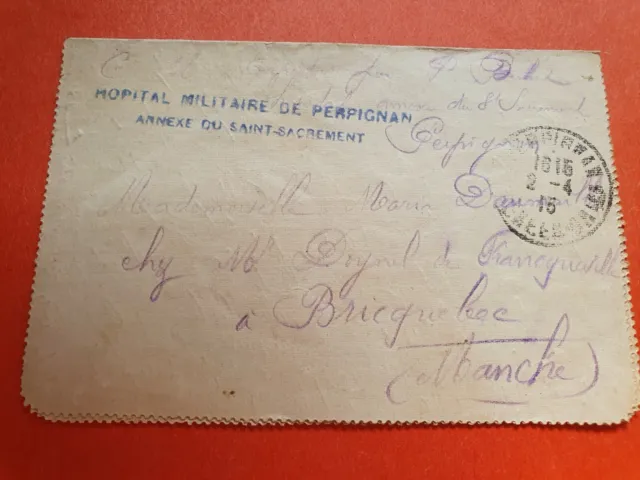 Cachet de l'Hôpital Militaire de Perpignan sur carte lettre en fm en 1915