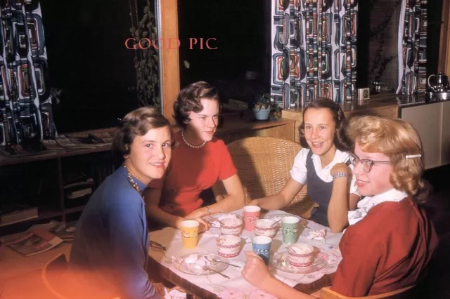 #Z114- e Vintage 35mm Slide Photo-Young Women Around Table-Red Kodachrome 1950s