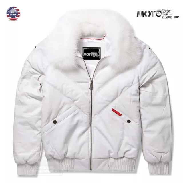 Men's White Lambskin V-Bomber Leather Jacket with Fox White Fur Collar (S-5XL)