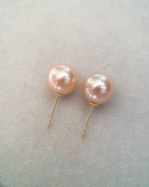 9.5-10mm Natural Pinkish-Orange Freshwater Pearl Stud Earrings, 18K Solid Gold