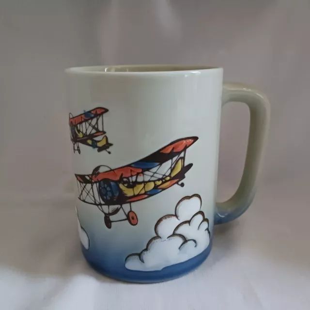 Vtg Coffee Mug Ceramic 3D Bi-Plane Airplane Clouds Cup Blue 3.75" Embossed