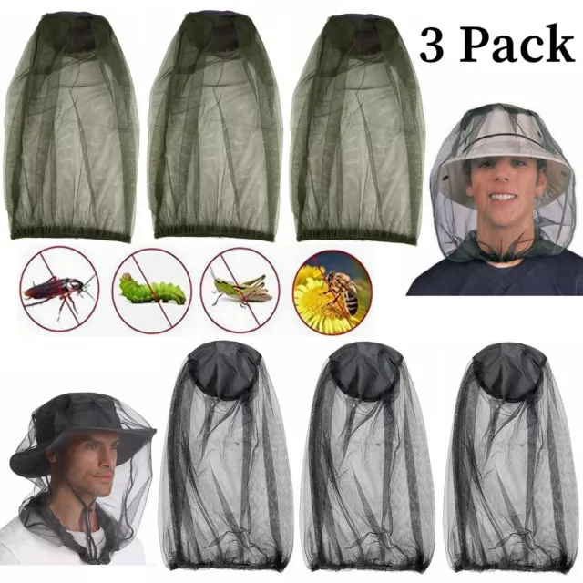 3 Pack Midge Mosquito Head Net Hat Insect Fly Mesh Face Protector Travel Camping