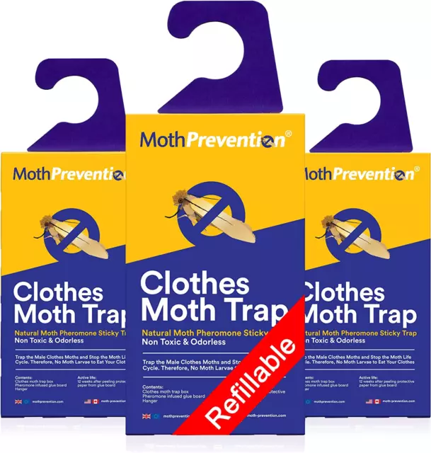 Mothprevention Powerful Moth Traps Only for Clothes, Closets | Refillable | 3-Pa