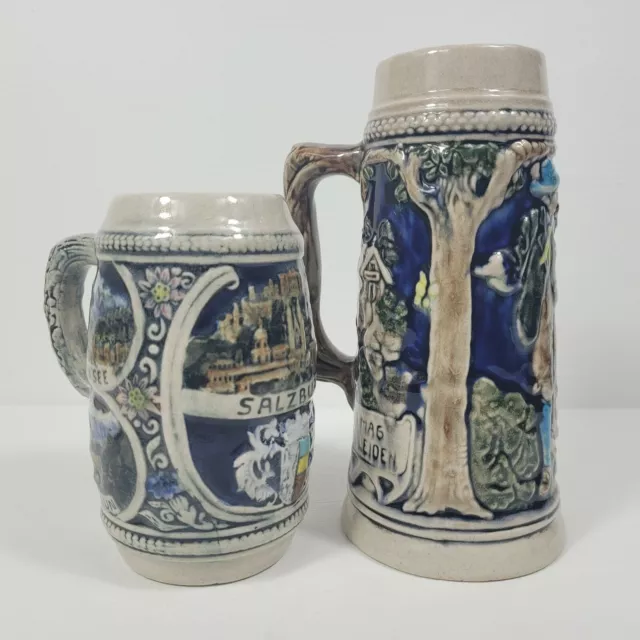 Lot of 2 Vintage German Steins City & Folk Art 1981 Painted Stoneware Décor