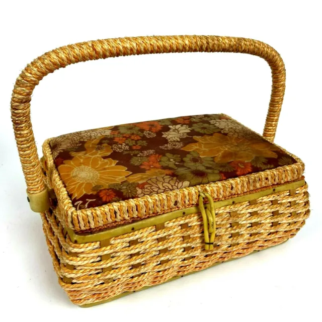 Vintage Wicker Rattan Sewing Basket Cushioned Top w/ Lid and Handle 10" x 7"