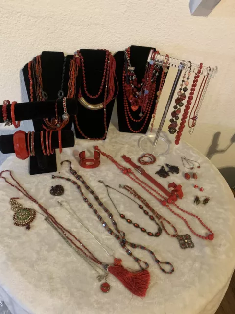 Vtg To Mod Jewelry Treasure Grab Bag Mixed Lot Red Jewelry Over 45 Pieces!!