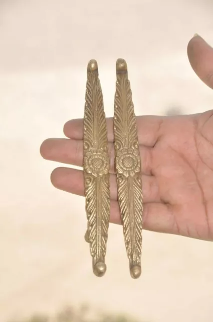 2 Pc Old Brass Handcrafted Inlay Engraved Door Handles , Collectible