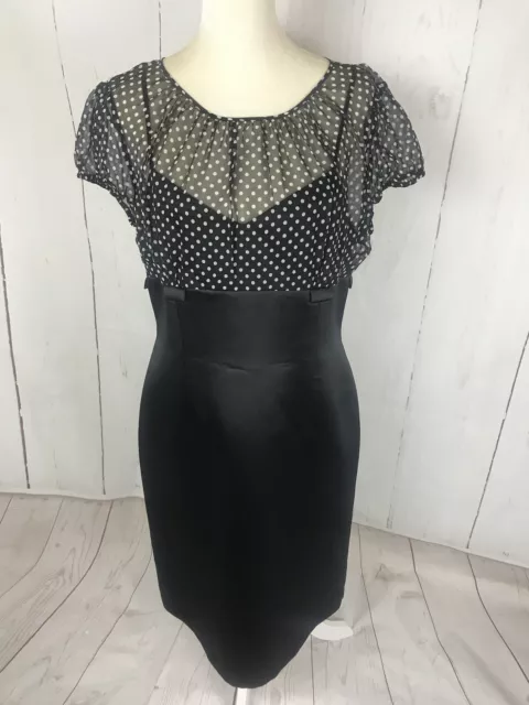 Tahari ASL  Sheath Cocktail Dress Size 12 100% Silk Chiffon Black Polka Dot