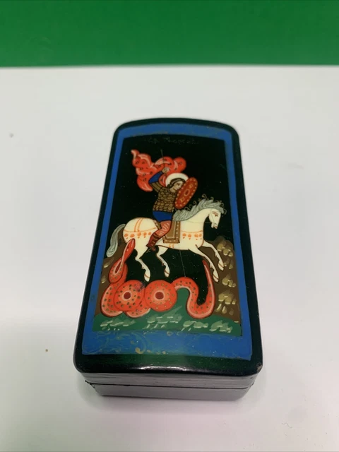 Antique Lacquer Box Wooden Case  Saint George Hand Painting