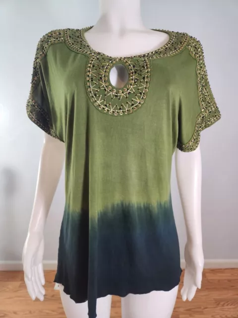 Krista Lee Top  Size M Embroidered Embellished Tunic Top Green