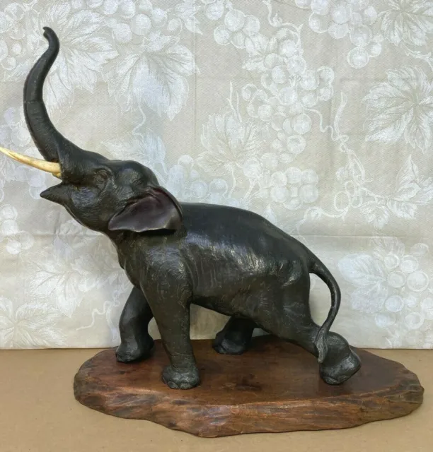Oriental Bronze Elephant Sculpture Bull Elephant Wood Base Late 19th Century