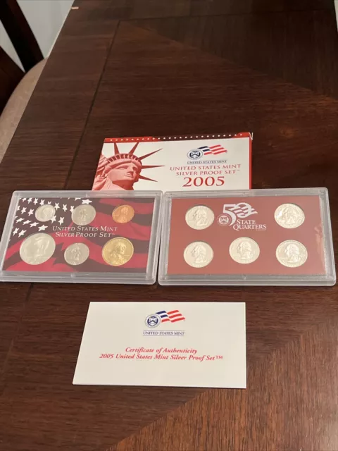 2005-S Silver Proof Set W/ Coa And Box - 11 Coins. 5 State Quarters + 6 Others