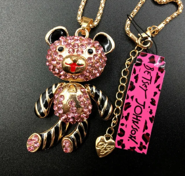 Betsey Johnson Crystal Bear Cartoon Pendant Charm Chain Necklace Free Gift Bag