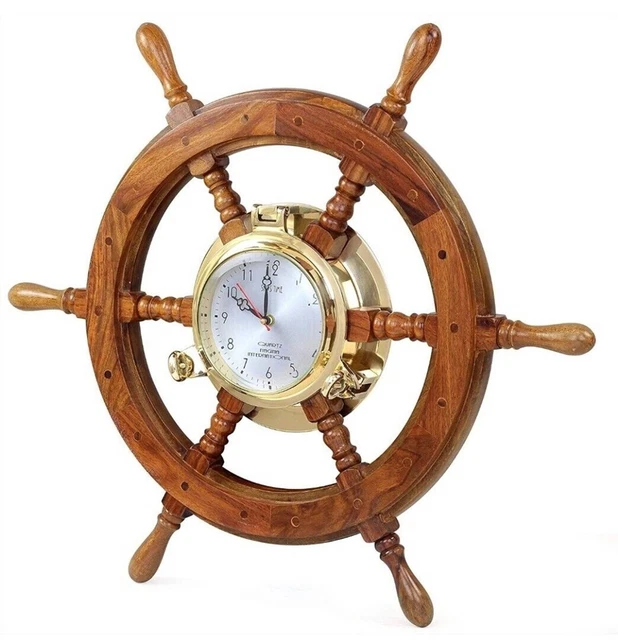 Horloge Murale Nautique Décorative - Roue De Navire Et Ancre - 33 X 28 Cm (13 X 11 Pouces) - Style Marin
