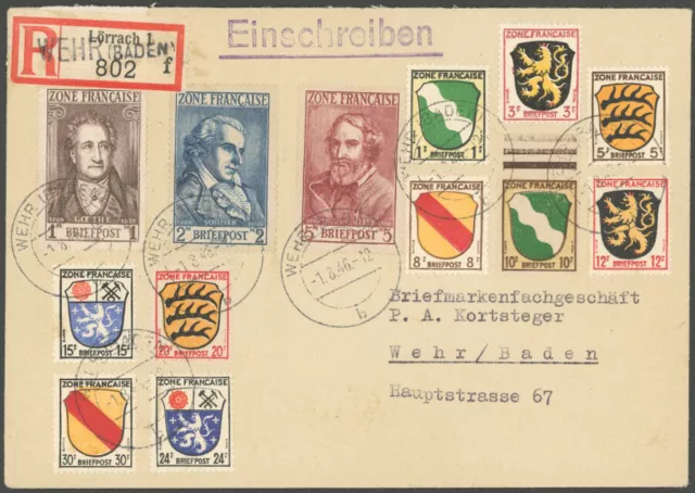 ALLGEMEINE AUSGABEN 1945, Wappen und Dichter auf überfrankiertem Einschreibbrief