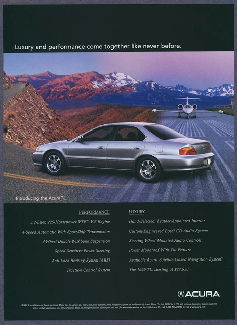 Acura TL Luxury Car Airport Lear Jet Snowy Mountains Vintage Print Ad July 1999