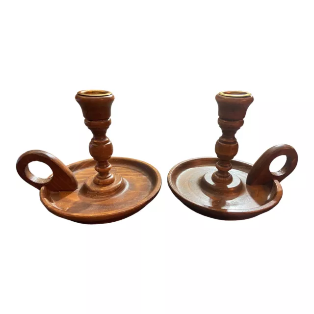 VTG Wooden Pair Of Chamber Candlestick Holders With Finger Loop MCM