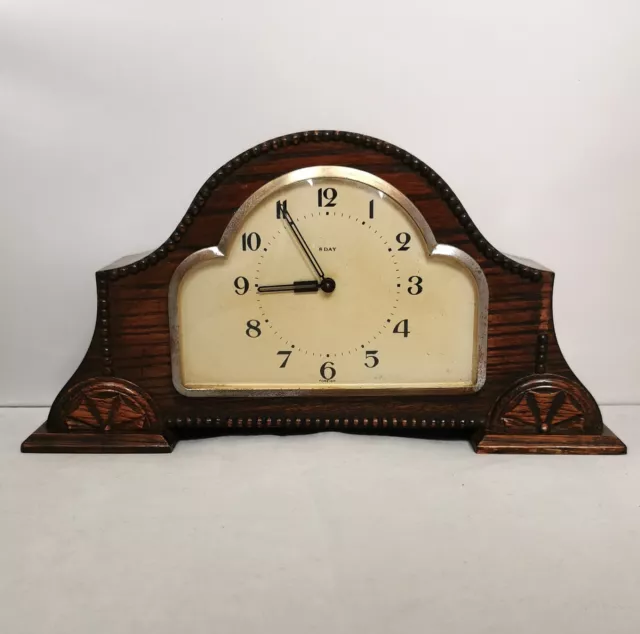 Art Deco Antique 8 Day Oak Wind-Up Mantel Desk Clock