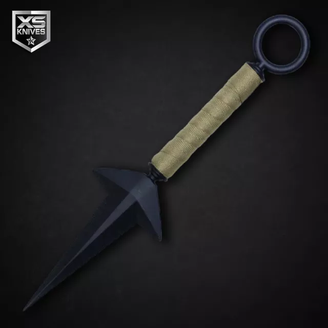 11" Black Naruto Fixed Blade Ninja Kunai Throwing Knife Green Wrapped Handle