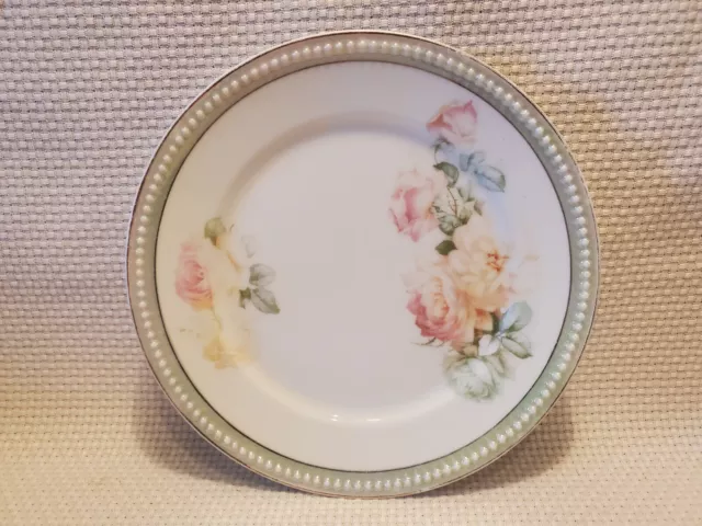 PK Silesia 6 1/4" Bread Plate Yellow & Pink Roses Raised Beaded Rim German 1920s