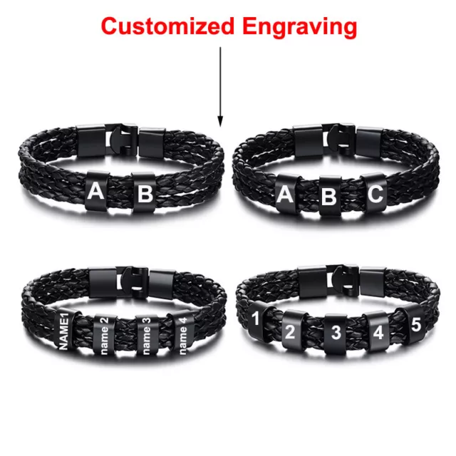 VNox Mens Leather Bracelet Custom Beads with 1-9 Kids Names Free Engraved Gift