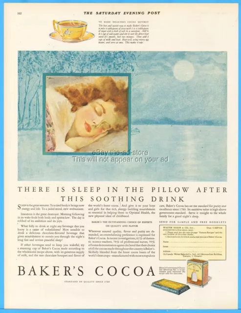 1928 Walter Baker & Co Hot Cocoa Chocolate Drink Vintage 1920s Print Ad Sleep