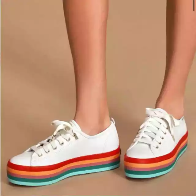 KEDS Triple Up Rainbow White Multi Leather Platform Sneakers