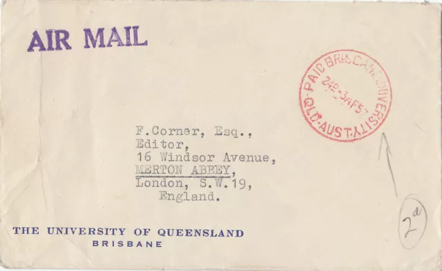 Postmark PAID BRISBANE UNIVERSITY Queensland 24d on cover airmail to England