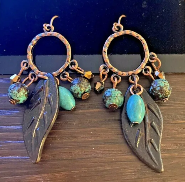 Southwest Earrings 2" Copper-tone Funky Leaf Lightweight Turquoise Fashion Long