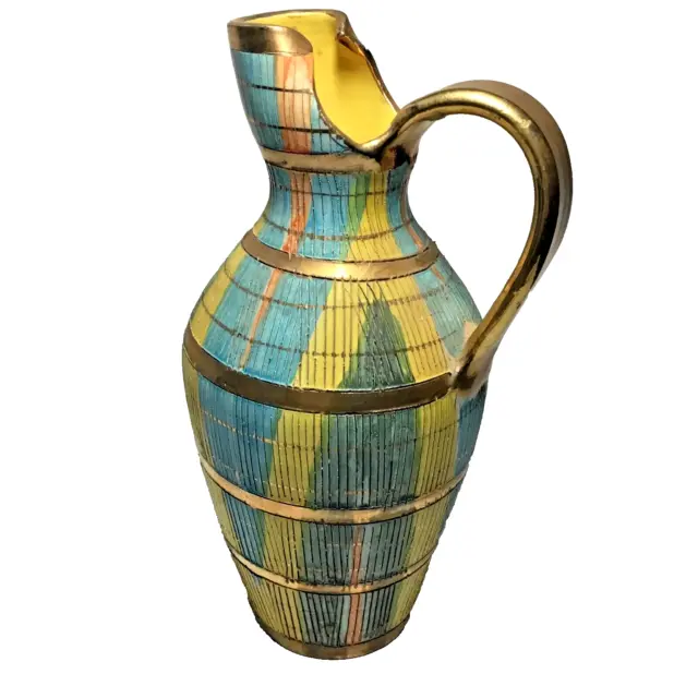 Mid Century Modern Vintage ITALY Incised Pottery Pitcher/Vase 10” Italian Hand