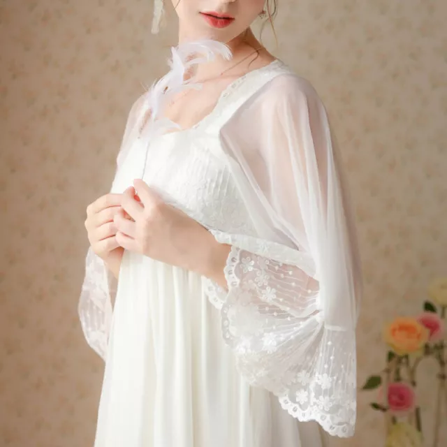 Lady Girls Lace Vintage Nightdress Nightgown Mesh Sheer 3/4 Sleeve Sleepwear