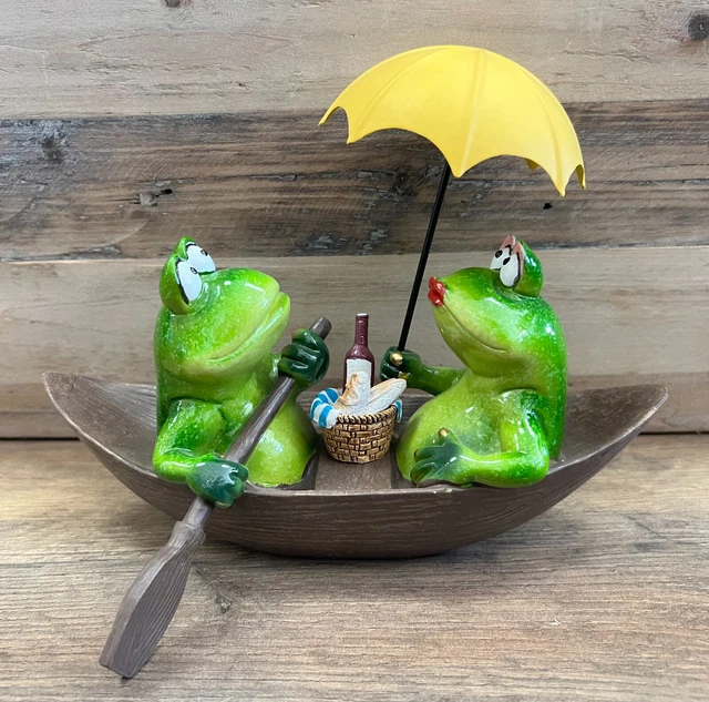 Frogs In Boat With Umbrella Resin Figurine 8" x 6"