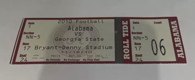 Alabama football Vs Georgia State game day ticket Stub. 2010. Rare