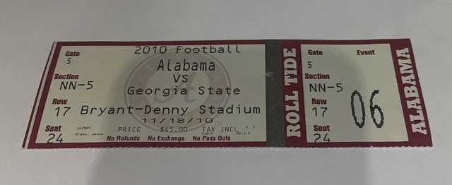 Alabama football Vs Georgia State game day ticket Stub. 2010. Rare