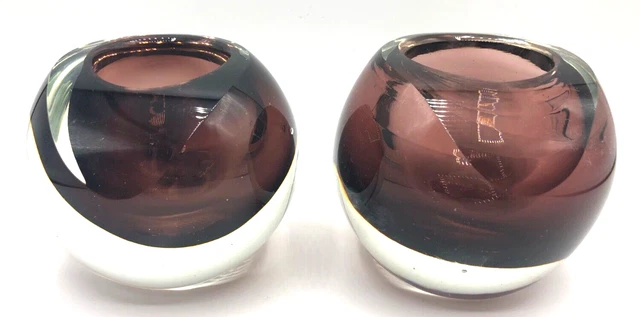 2 Art Glass Faceted Votive Candle Holder Sphere Ball 4 x 4 Heavy Purple Clear