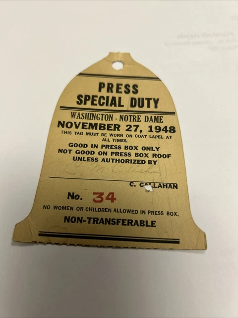 1948 Nov 27 Press Pass Notre Dame v Washington Ticket Football