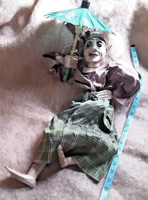 Vintage Burmese? Hand Carved Wood 21" Marionette  Folk Art Puppet with Umbrella