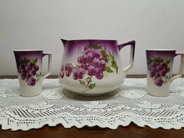 CUTE ANTIQUE DRESDEN CHINA CIDER  PITCHER AND TWO CUPS With GRAPES