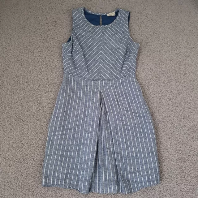 Ann Taylor LOFT Dress Women 10 Blue Fit & Flare Linen Striped Lined Keyhole Back