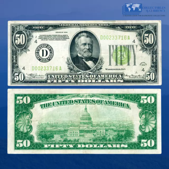 1934 $50 Federal Reserve Note Cleveland, Light Green Seal, VF #33716