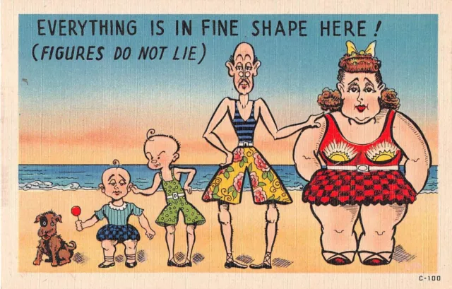 Comic Old Linen PC-Family Lined Up on Beach-All Shapes & Sizes-Figures Don't Lie
