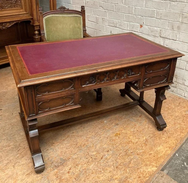 French Antique Gothic Revival Leather Top Desk & Upholstered Chair in Walnut