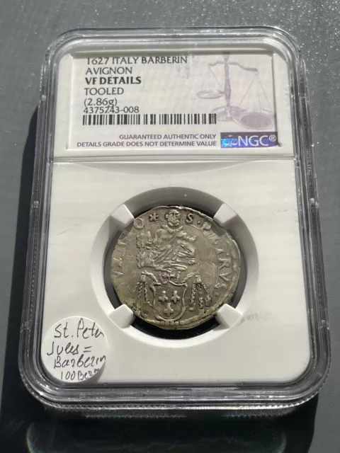 France Papal Comtat  Avignon 1627 Silver Barberin Pope Urban VIII NGC VF details 2