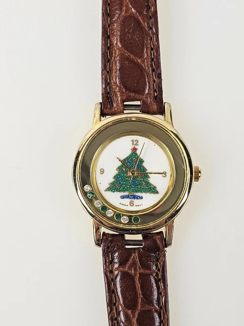 Orologio da polso Albero di Natale decorato con gemme in movimento oro/verde/rosso funziona benissimo!