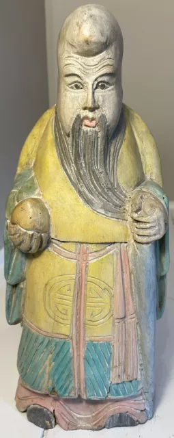 Chinese Painted Hand Carved Statue of Shou-Xing God of Longevity and Fortune