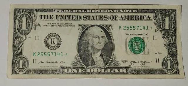 Star Note One Dollar Bill 2013 Dallas Texas K Block Series K25557141*