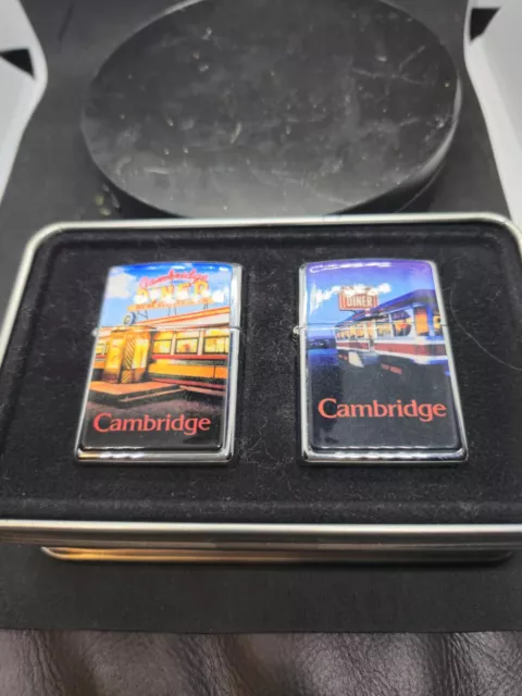 CAMBRIDGE DINER SET OF 2 Vintage Zippo LIGHTERS 1996-1997 With Original Box