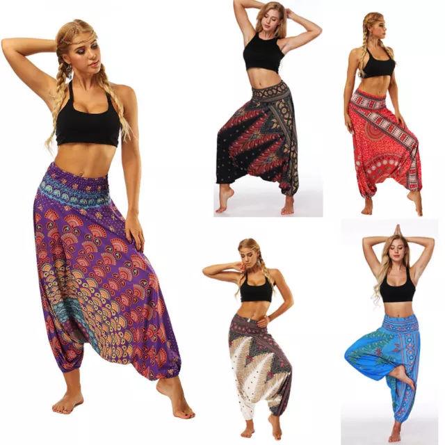 UK Womens Ladies Harem Pants Yoga Loose Baggy Hippie Boho Beach Wide Trousers VT